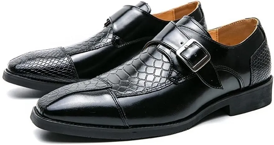 HOOENG Dress Oxford for Men Slip On Monk Strap Crocodile Print Faux Leather Slip Resistant Low Top Block Heel Rubber Sole Anti-Slip Outdoor