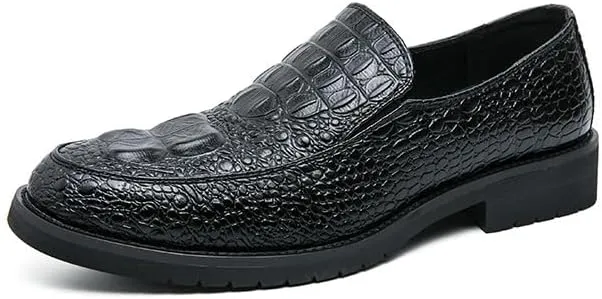 HOOENG Dress Oxford for Men Slip On Round Burnished Toe Crocodile Print Apron Toe Low Top Block Heel Slip Resistant Rubber Sole Non Slip Casual(Black,12)