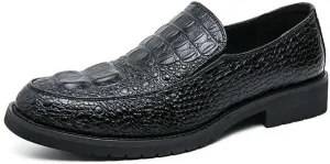 HOOENG Dress Oxford for Men Slip On Round Burnished Toe Crocodile Print Apron Toe Low Top Block Heel Slip Resistant Rubber Sole Non Slip Casual(Black,8)