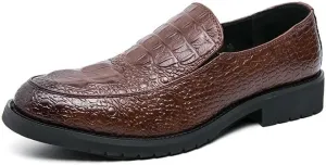 HOOENG Dress Oxford for Men Slip On Round Burnished Toe Crocodile Print Apron Toe Low Top Block Heel Slip Resistant Rubber Sole Non Slip Casual(Brown,10)