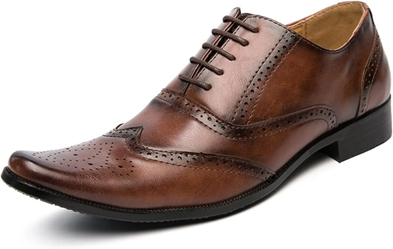 HOOENG Dress Shoes for Men Lace Up Brogue Embossed Wing Tip Plain Burnished Toe Vegan Leather Rubber Sole Non Slip Resistant Prom (Color : Brown, Size : 7)