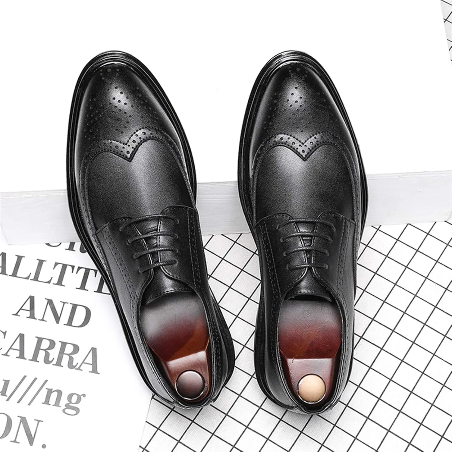 HOOENG Oxford Shoes for Men Lace Up Brogue Embossed Wing Tip Round Burnished Toe Vegan Leather Resistant Non Slip Rubber Sole Prom