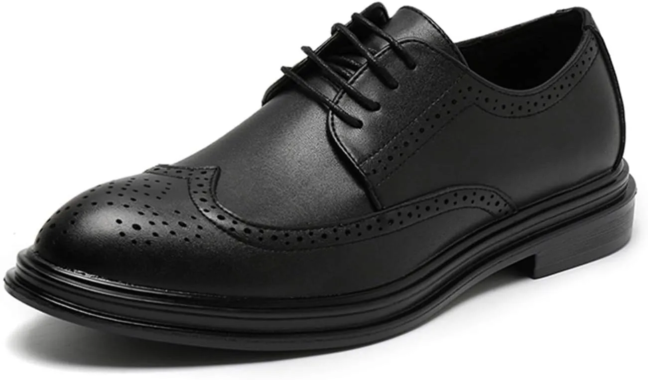 HOOENG Oxford Shoes for Men Lace Up Brogue Embossed Wing Tip Round Burnished Toe Vegan Leather Resistant Non Slip Rubber Sole Prom