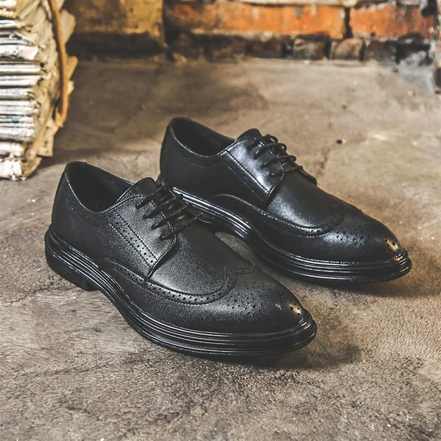 HOOENG Oxford Shoes for Men Lace Up Brogue Embossed Wing Tip Round Burnished Toe Vegan Leather Resistant Non Slip Rubber Sole Prom