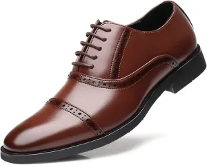 HOOENG Oxford Shoes for Men Lace Up Cap Toe Round Burnished Toe Vegan Leather Slip Resistant Anti-Slip Non Slip Block Heel Rubber Sole Classic (Color : Brown, Size : 7.5)