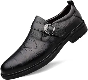 HOOENG Oxford Shoes for Men Slip On Round Toe Monk Strap Cowhide Slip Resistant Block Heel Non Slip Low Top Walking (Color : Black Plaid, Size : 8.5)