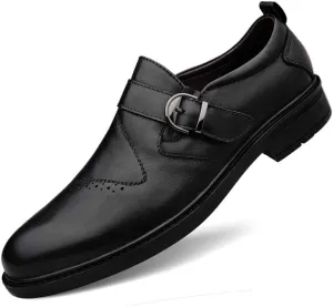 HOOENG Oxford Shoes for Men Slip On Round Toe Monk Strap Cowhide Slip Resistant Block Heel Non Slip Low Top Walking (Color : Black Smooth, Size : 6)