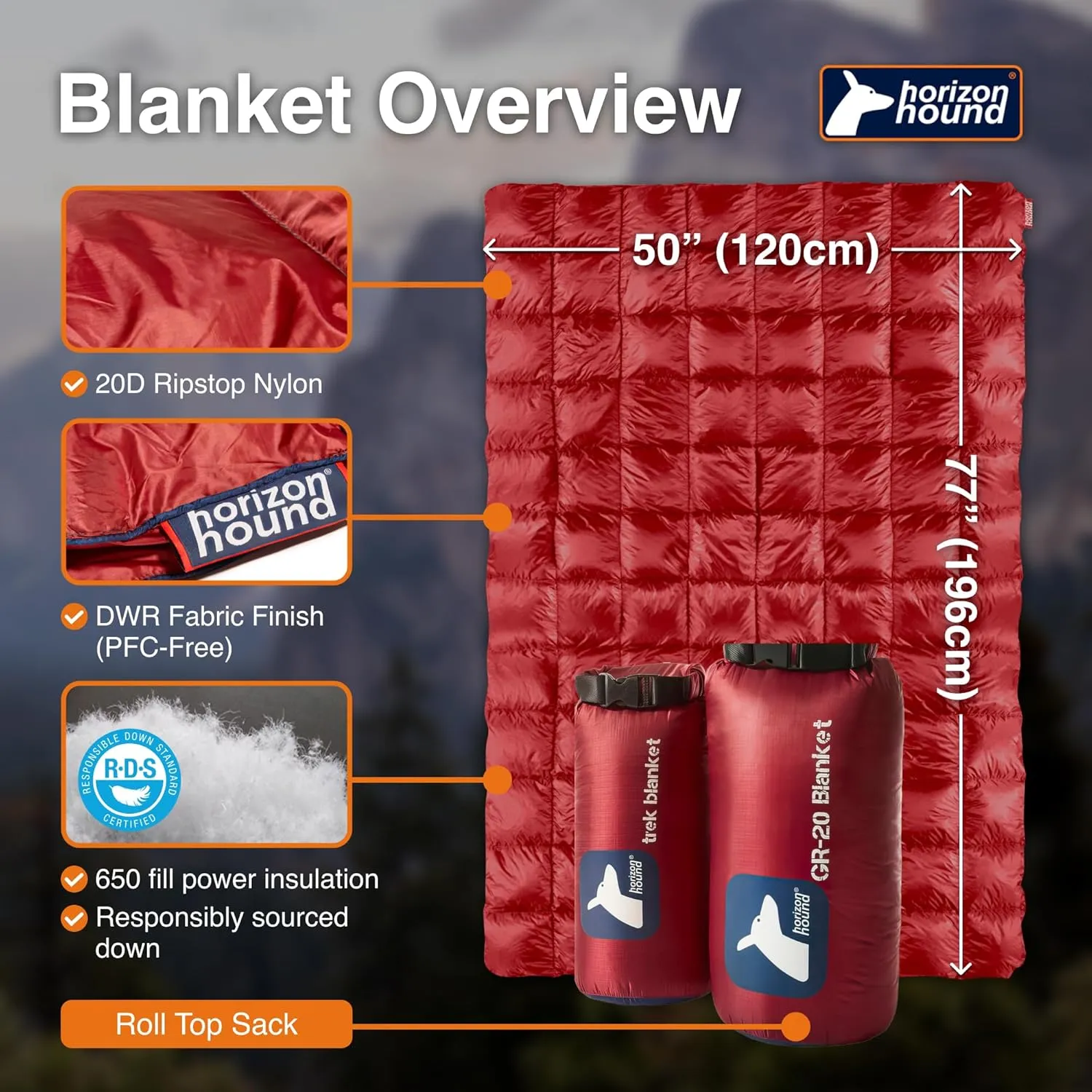 Horizon Hound Down Camping Blanket - Outdoor Travel Quilt | Sustainable, Insulated, Lightweight & Warm Gear for Sleep, Camping, Stadium, Hiking & Festivals | Water Resistant, Packable & Compact