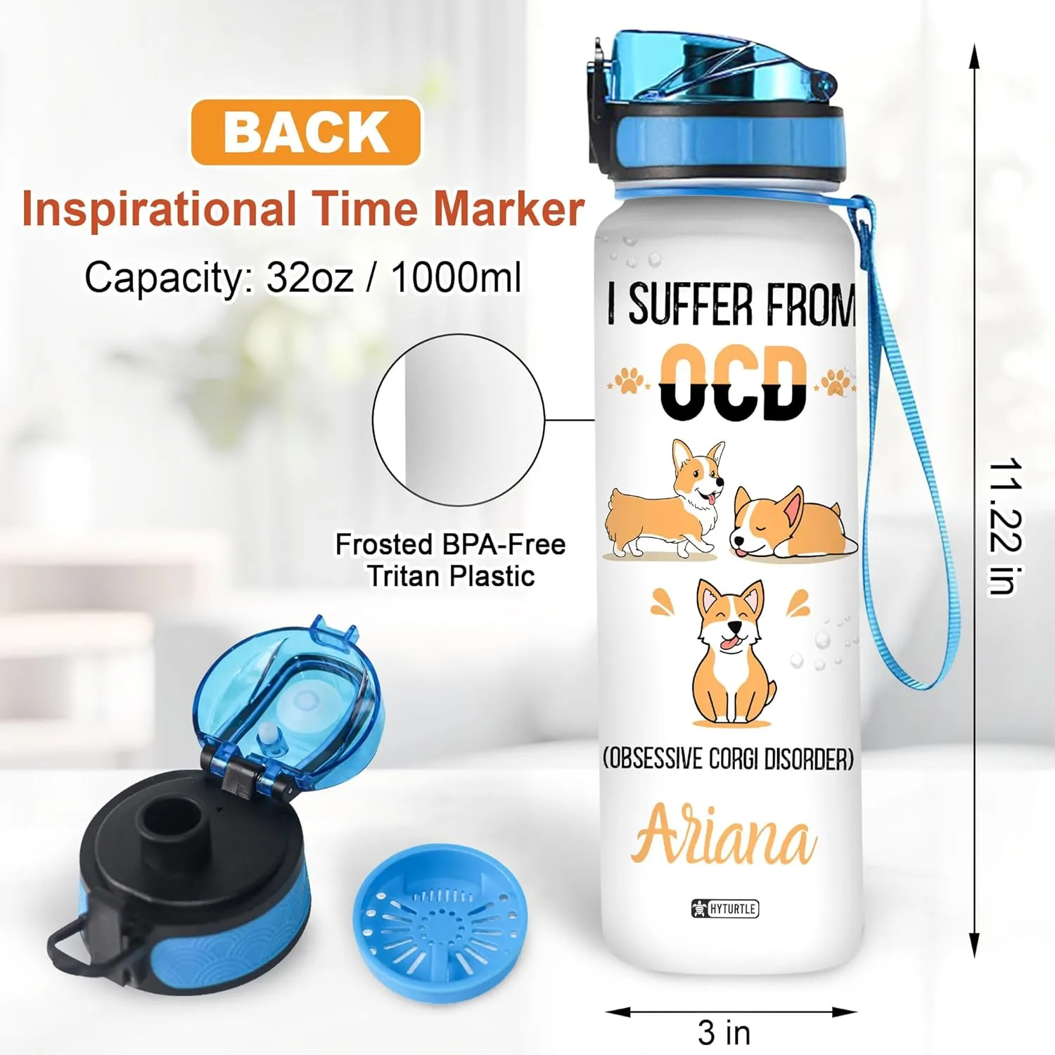 Hyturtle Personalized Corgi Water Bottle - 32oz Motivational Water Bottle with Leak-Proof Lid & Time Marker - Custom Name Gift for Corgi Lovers, Women, Girls, Pet Owners - Birthday & Christmas Gift