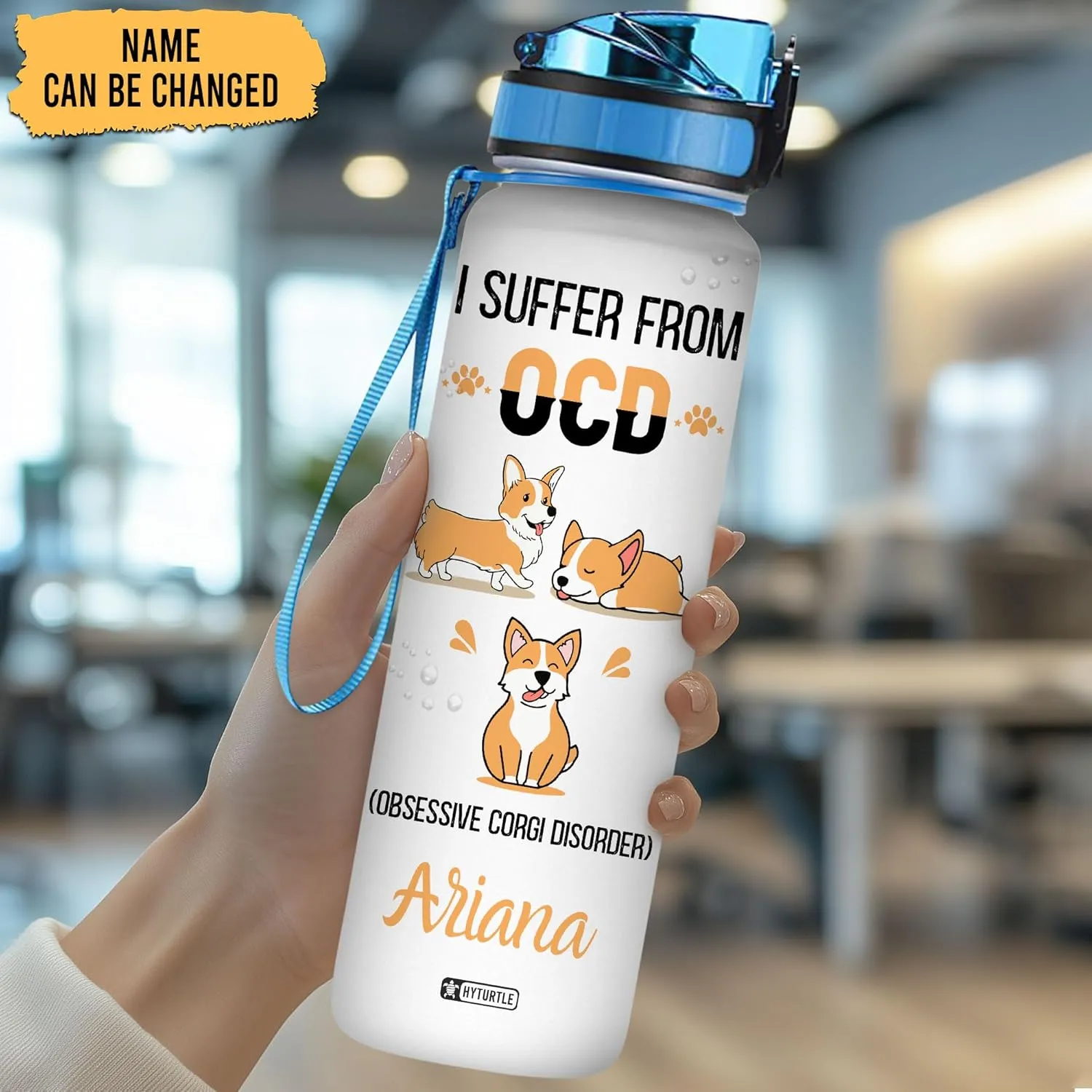 Hyturtle Personalized Corgi Water Bottle - 32oz Motivational Water Bottle with Leak-Proof Lid & Time Marker - Custom Name Gift for Corgi Lovers, Women, Girls, Pet Owners - Birthday & Christmas Gift