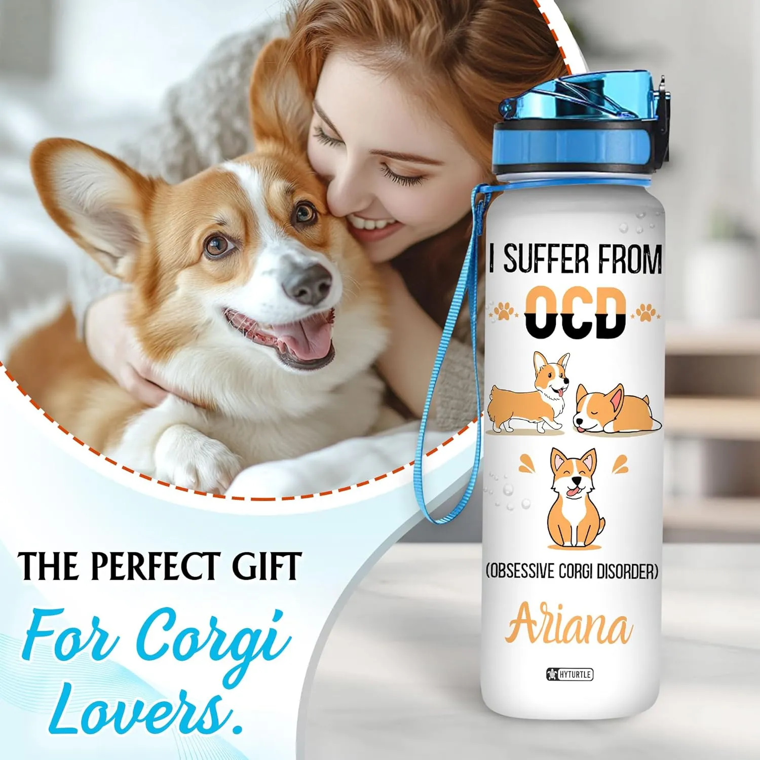 Hyturtle Personalized Corgi Water Bottle - 32oz Motivational Water Bottle with Leak-Proof Lid & Time Marker - Custom Name Gift for Corgi Lovers, Women, Girls, Pet Owners - Birthday & Christmas Gift