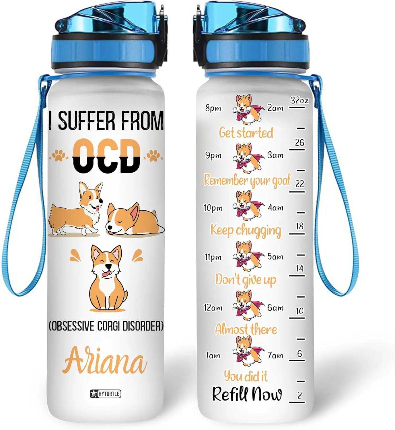 Hyturtle Personalized Corgi Water Bottle - 32oz Motivational Water Bottle with Leak-Proof Lid & Time Marker - Custom Name Gift for Corgi Lovers, Women, Girls, Pet Owners - Birthday & Christmas Gift