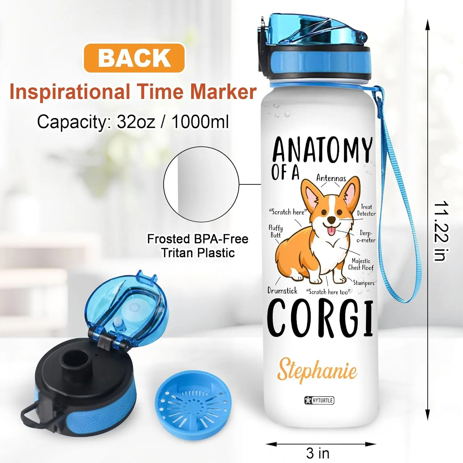 Hyturtle Personalized Corgi Water Bottle - 32oz Motivational Water Bottle with Leak-Proof Lid, Time Marker BPA-Free - Custom Name Gift for Corgi Lovers Women Girls Dog Lover - Birthday, Christmas Gift