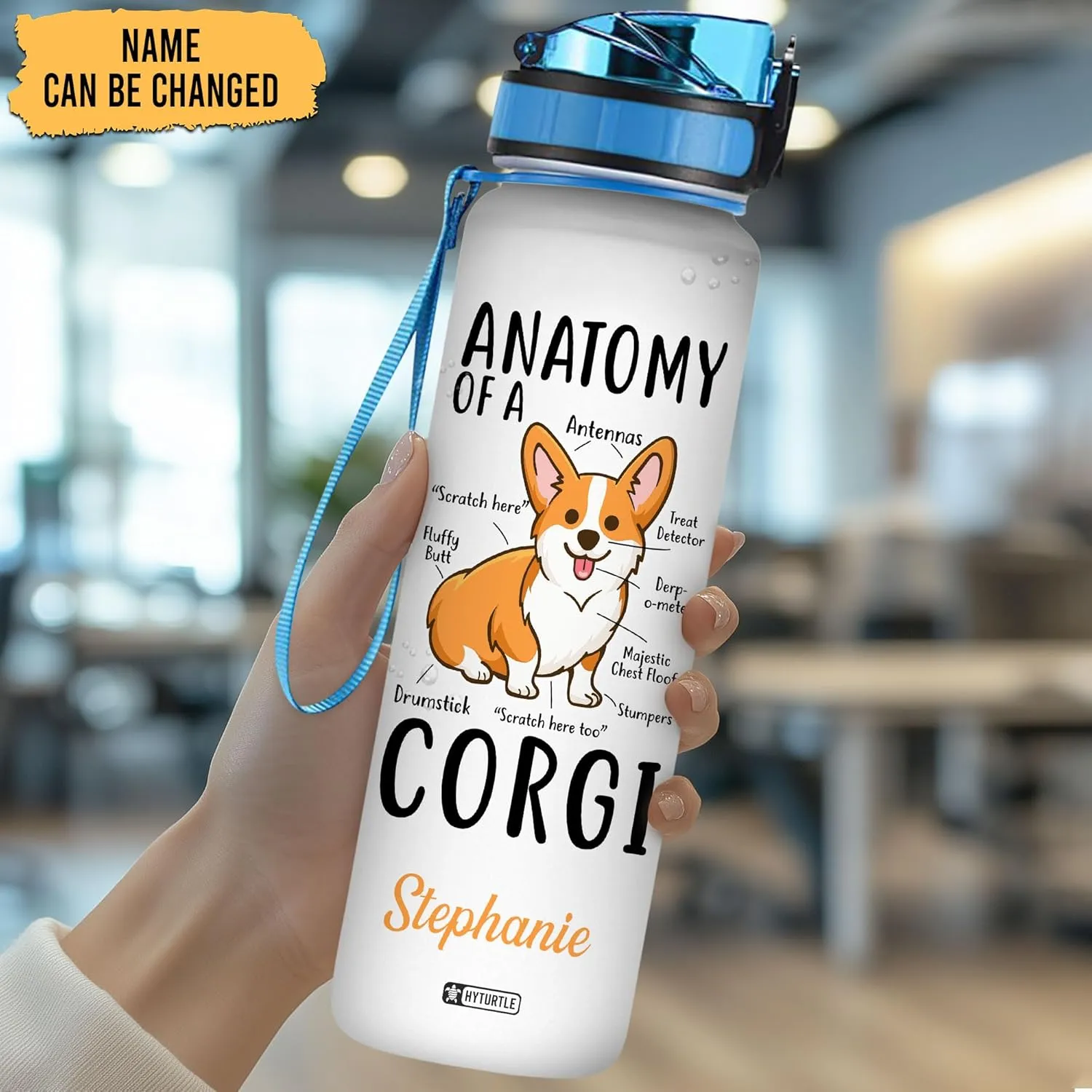 Hyturtle Personalized Corgi Water Bottle - 32oz Motivational Water Bottle with Leak-Proof Lid, Time Marker BPA-Free - Custom Name Gift for Corgi Lovers Women Girls Dog Lover - Birthday, Christmas Gift