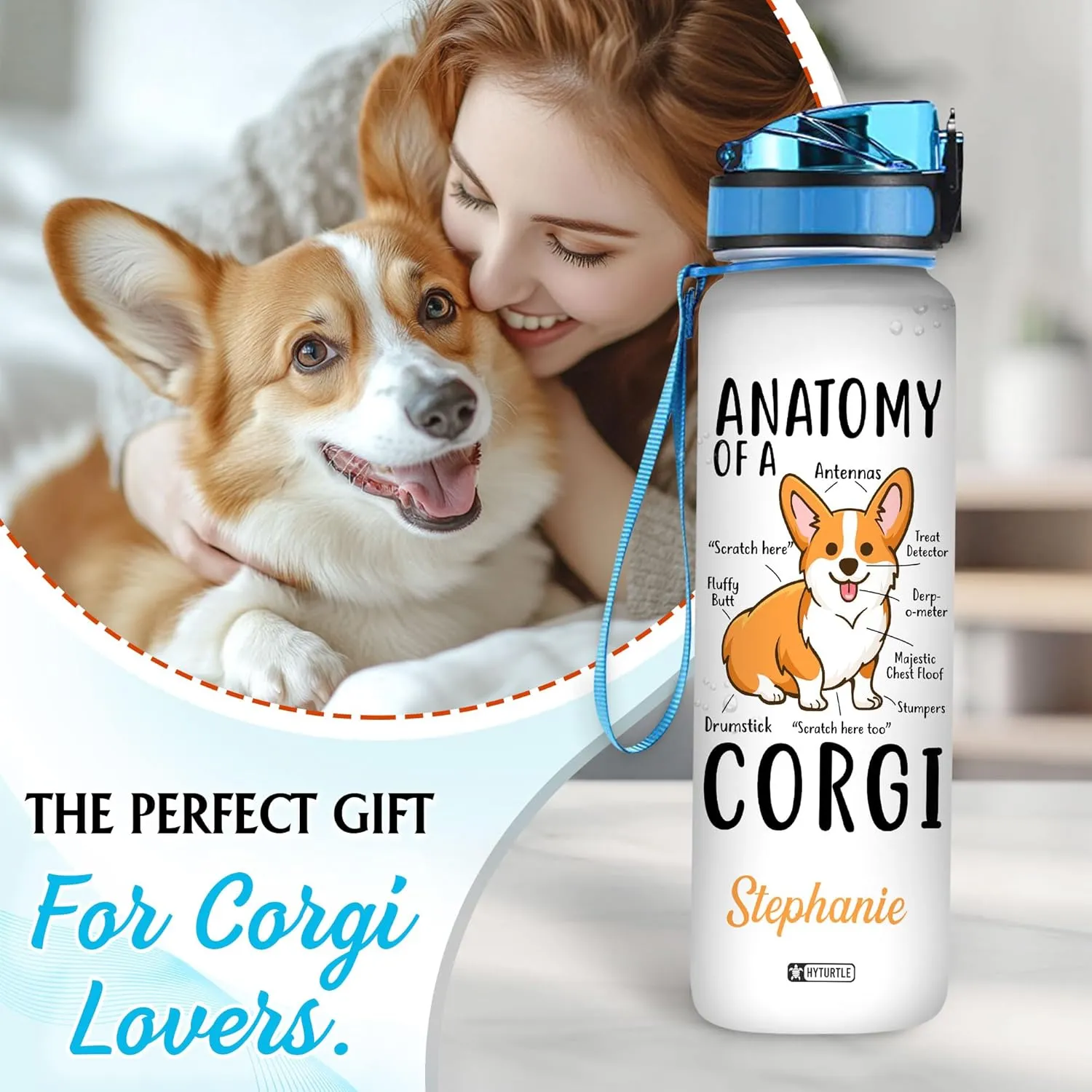 Hyturtle Personalized Corgi Water Bottle - 32oz Motivational Water Bottle with Leak-Proof Lid, Time Marker BPA-Free - Custom Name Gift for Corgi Lovers Women Girls Dog Lover - Birthday, Christmas Gift