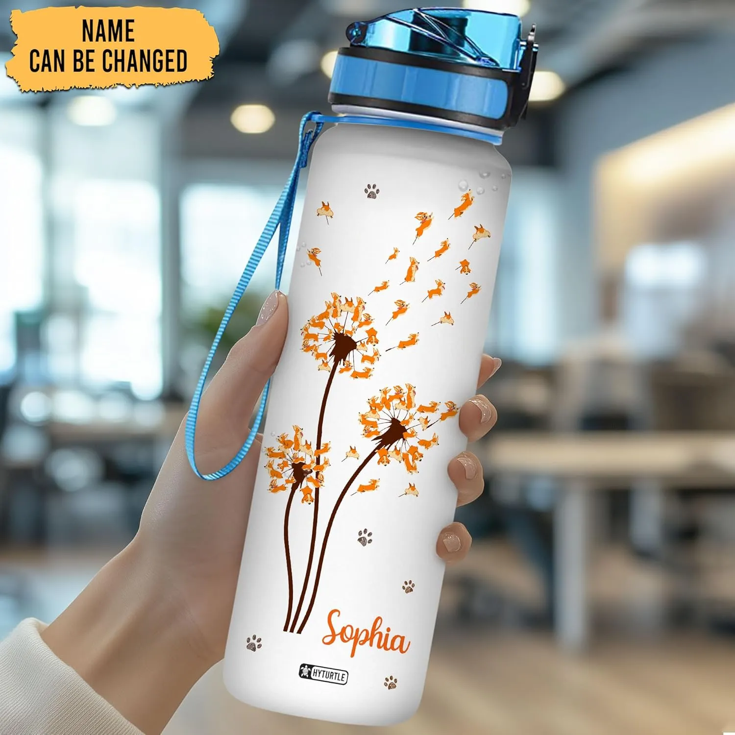 Hyturtle Personalized Dandelion Corgi Water Bottle - 32oz Motivational Water Bottle with Leak-Proof Lid & Time Marker - Custom Name Gift for Dandelion & Corgi Lovers, Women On Birthday Christmas