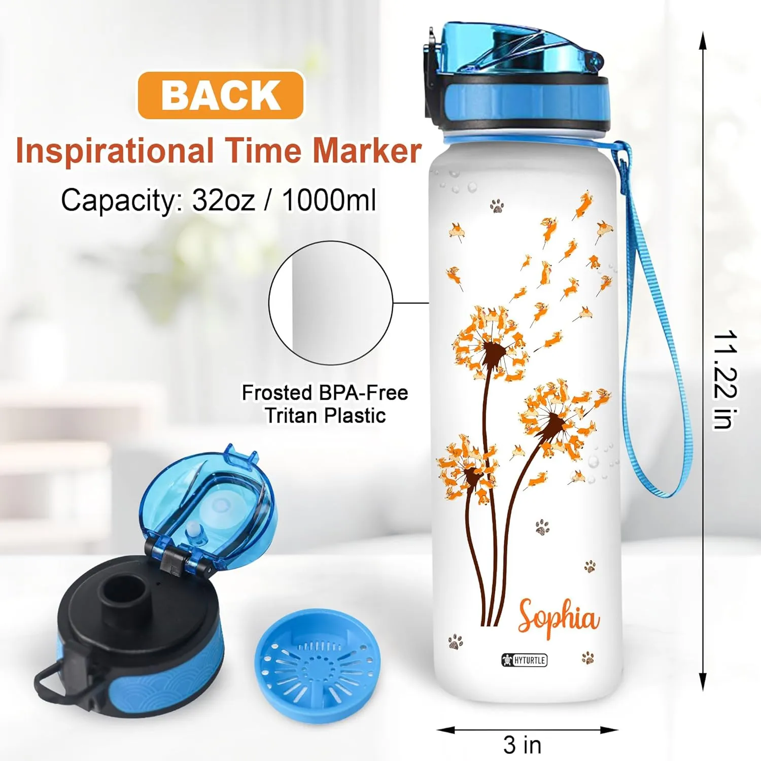 Hyturtle Personalized Dandelion Corgi Water Bottle - 32oz Motivational Water Bottle with Leak-Proof Lid & Time Marker - Custom Name Gift for Dandelion & Corgi Lovers, Women On Birthday Christmas