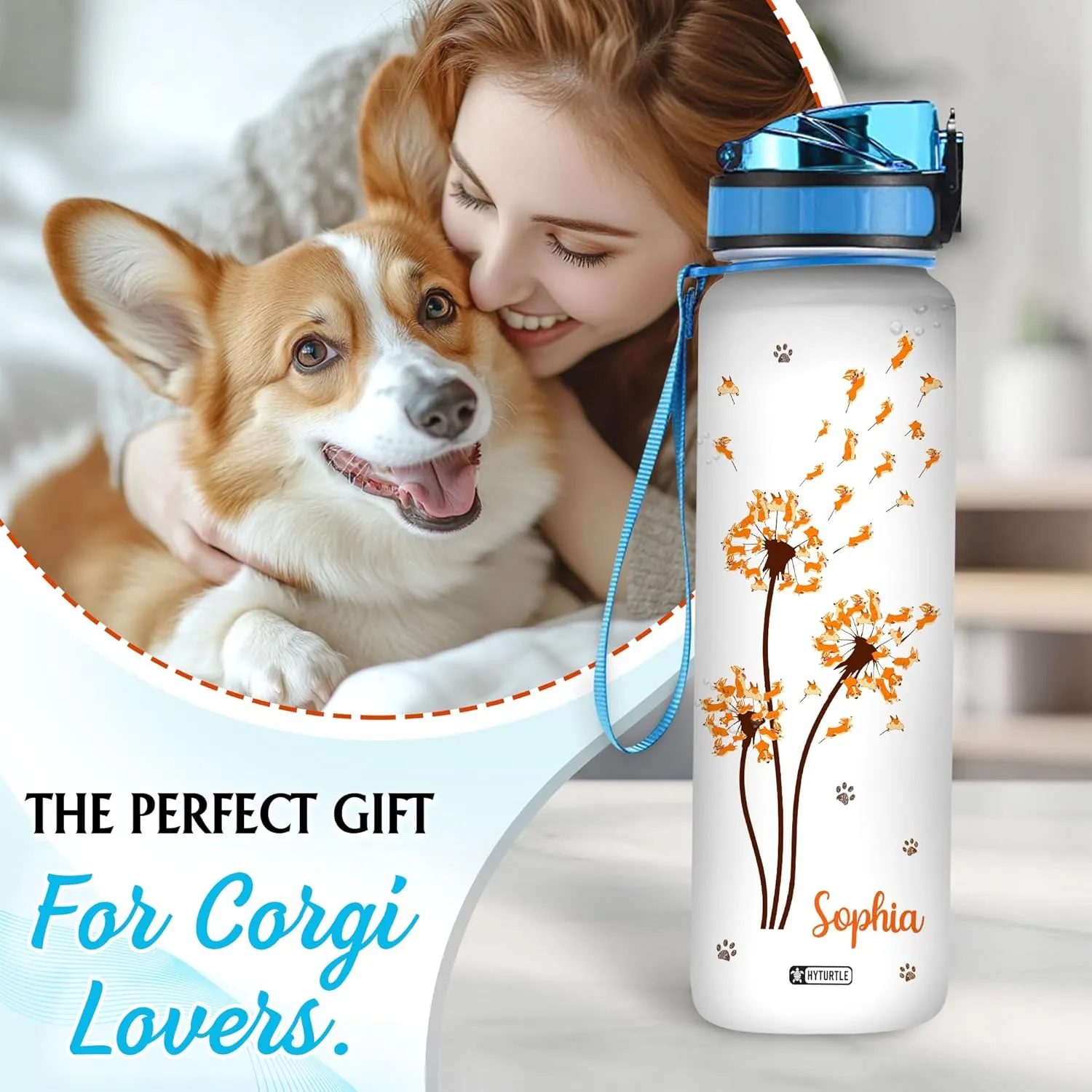 Hyturtle Personalized Dandelion Corgi Water Bottle - 32oz Motivational Water Bottle with Leak-Proof Lid & Time Marker - Custom Name Gift for Dandelion & Corgi Lovers, Women On Birthday Christmas