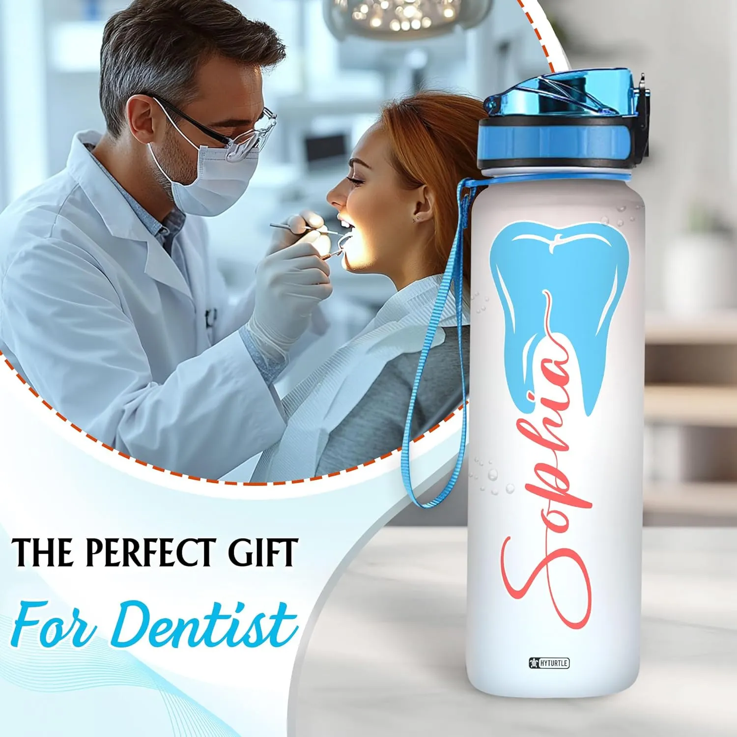 Hyturtle Personalized Dental Water Bottle - 32oz Motivational Water Bottle with Leak-Proof Lid Time Marker - Custom Name Gift for Dentists Dental Hygienists Dental Students - Birthday, Christmas Gift