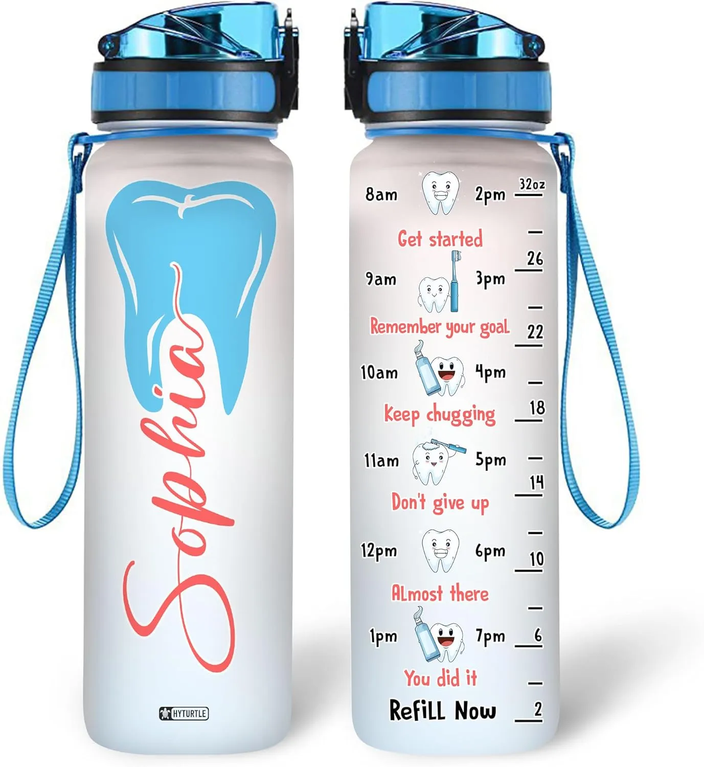 Hyturtle Personalized Dental Water Bottle - 32oz Motivational Water Bottle with Leak-Proof Lid Time Marker - Custom Name Gift for Dentists Dental Hygienists Dental Students - Birthday, Christmas Gift