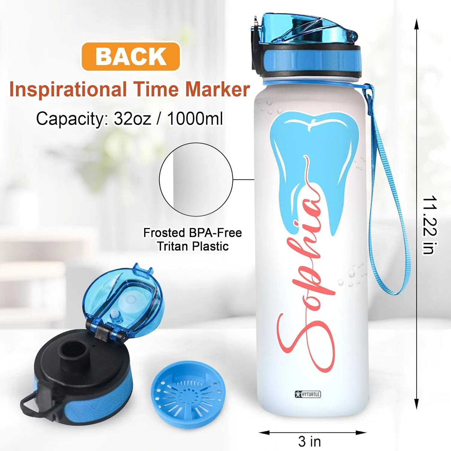 Hyturtle Personalized Dental Water Bottle - 32oz Motivational Water Bottle with Leak-Proof Lid Time Marker - Custom Name Gift for Dentists Dental Hygienists Dental Students - Birthday, Christmas Gift
