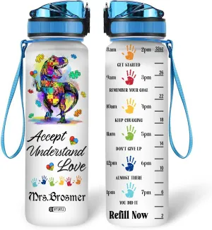 Hyturtle Personalized Dinosaur Autism Water Bottle - 32oz Motivational Water Bottle with Leak-Proof Lid, Time Marker - Custom Name Autism Awareness Gift for Moms from Daughter Son Husband On Birthday