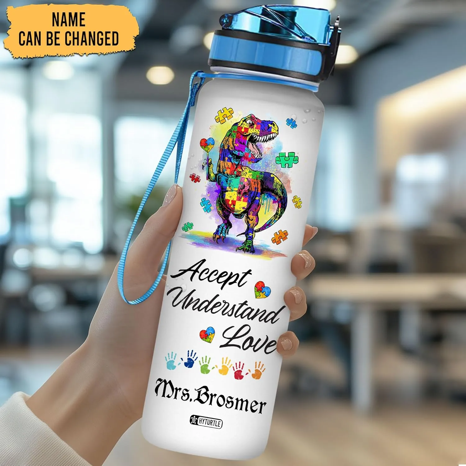 Hyturtle Personalized Dinosaur Autism Water Bottle - 32oz Motivational Water Bottle with Leak-Proof Lid, Time Marker - Custom Name Autism Awareness Gift for Moms from Daughter Son Husband On Birthday