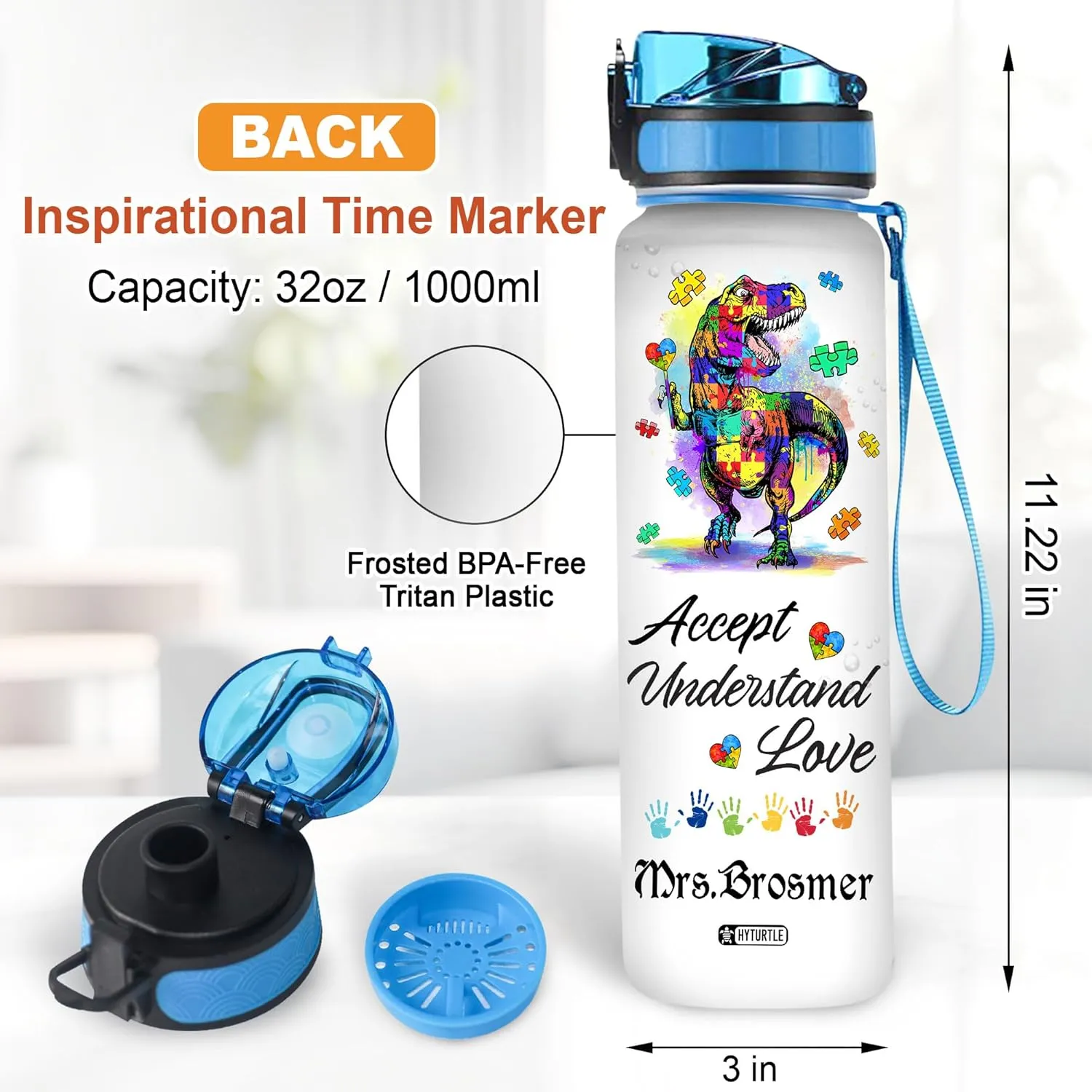 Hyturtle Personalized Dinosaur Autism Water Bottle - 32oz Motivational Water Bottle with Leak-Proof Lid, Time Marker - Custom Name Autism Awareness Gift for Moms from Daughter Son Husband On Birthday