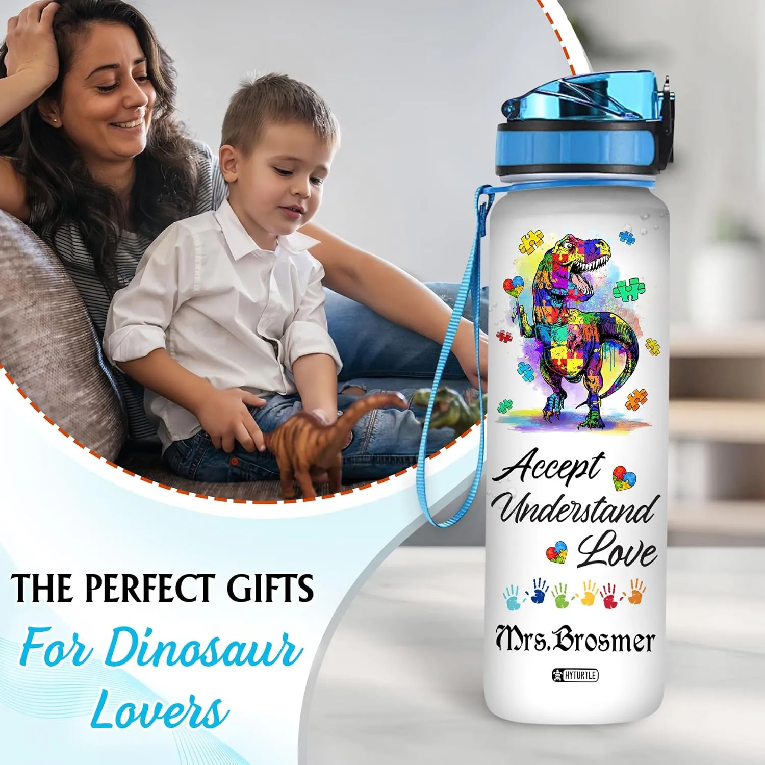 Hyturtle Personalized Dinosaur Autism Water Bottle - 32oz Motivational Water Bottle with Leak-Proof Lid, Time Marker - Custom Name Autism Awareness Gift for Moms from Daughter Son Husband On Birthday