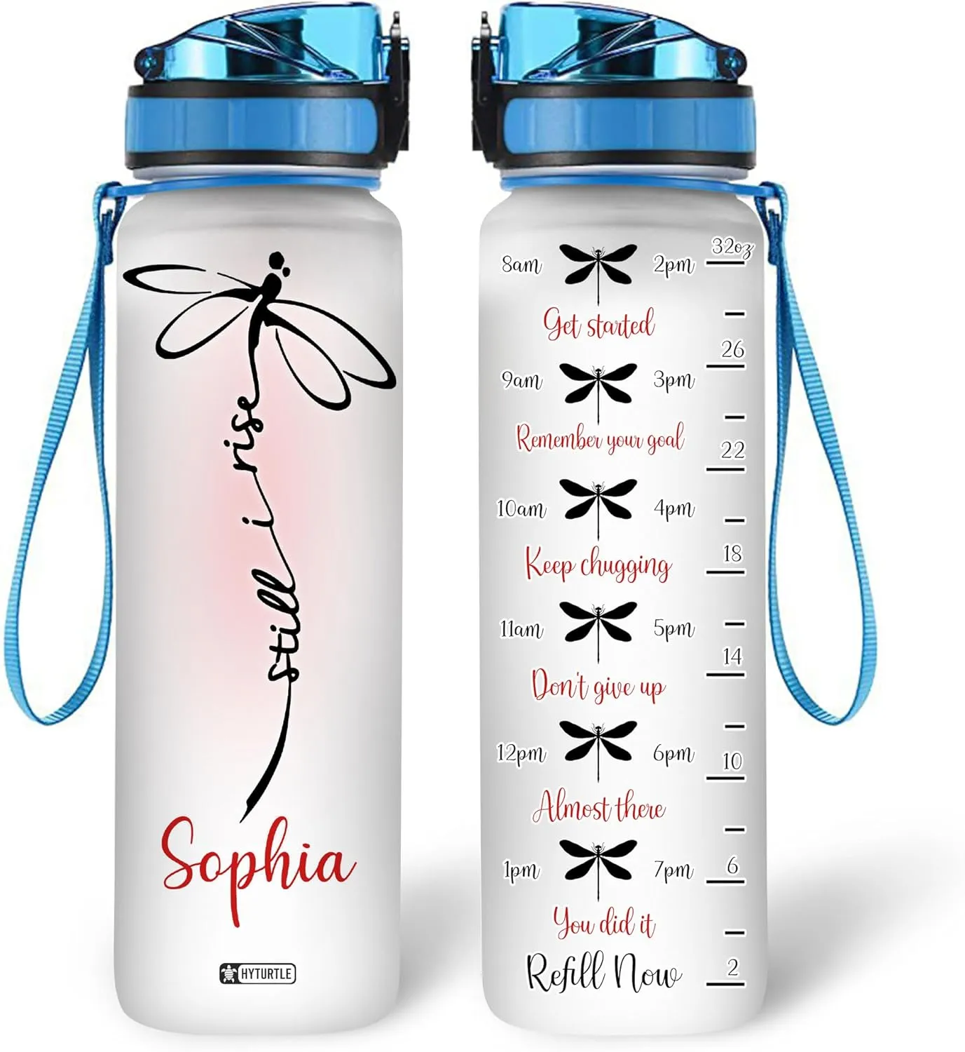 Hyturtle Personalized Dragonfly Water Bottle - 32oz Motivational Water Bottle with Leak-Proof Lid, Time Marker - Custom Name Gift for Women, Girls, Dragonfly Lovers On Birthday Christmas