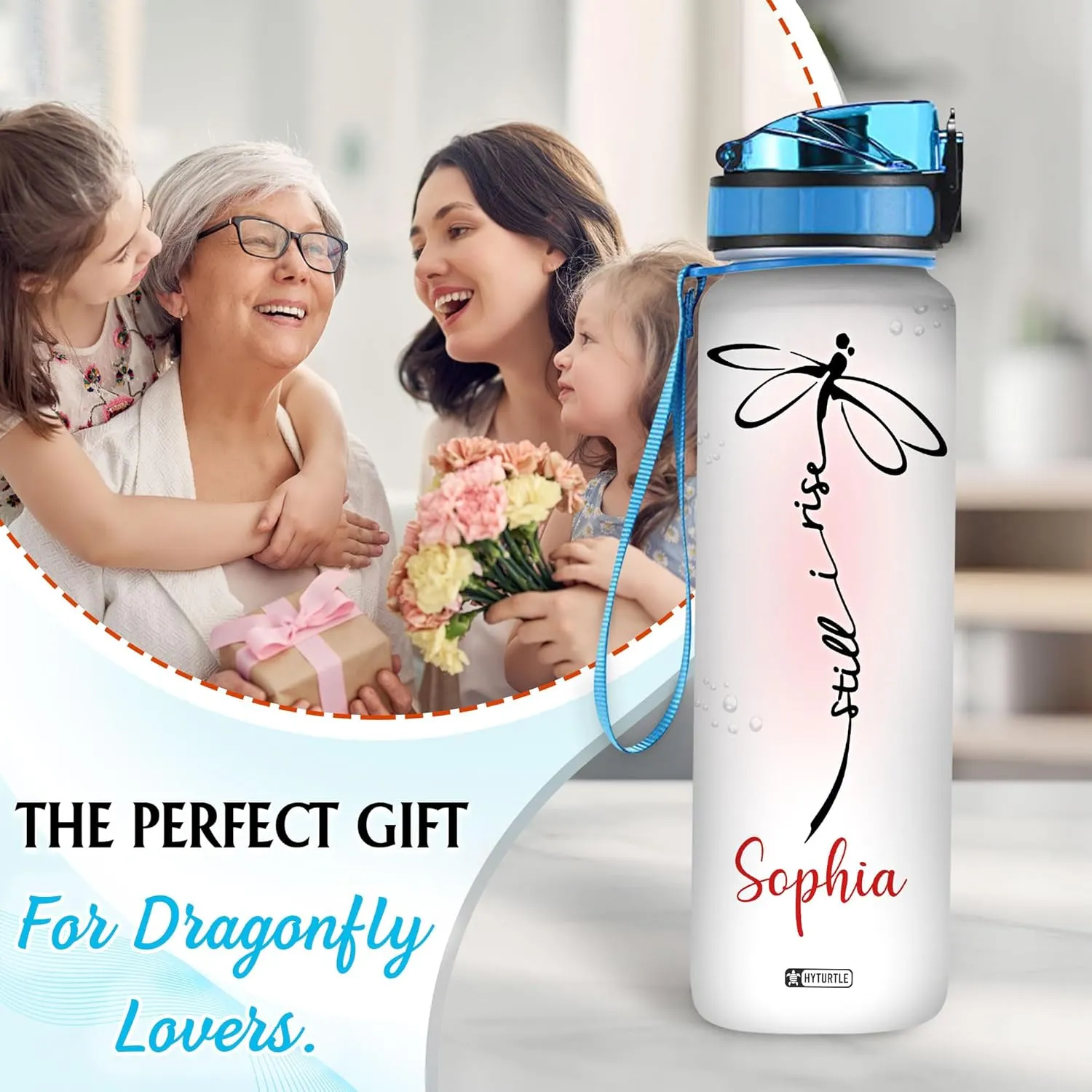 Hyturtle Personalized Dragonfly Water Bottle - 32oz Motivational Water Bottle with Leak-Proof Lid, Time Marker - Custom Name Gift for Women, Girls, Dragonfly Lovers On Birthday Christmas
