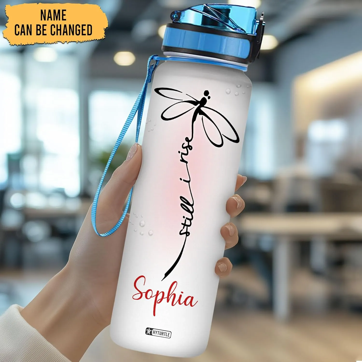 Hyturtle Personalized Dragonfly Water Bottle - 32oz Motivational Water Bottle with Leak-Proof Lid, Time Marker - Custom Name Gift for Women, Girls, Dragonfly Lovers On Birthday Christmas