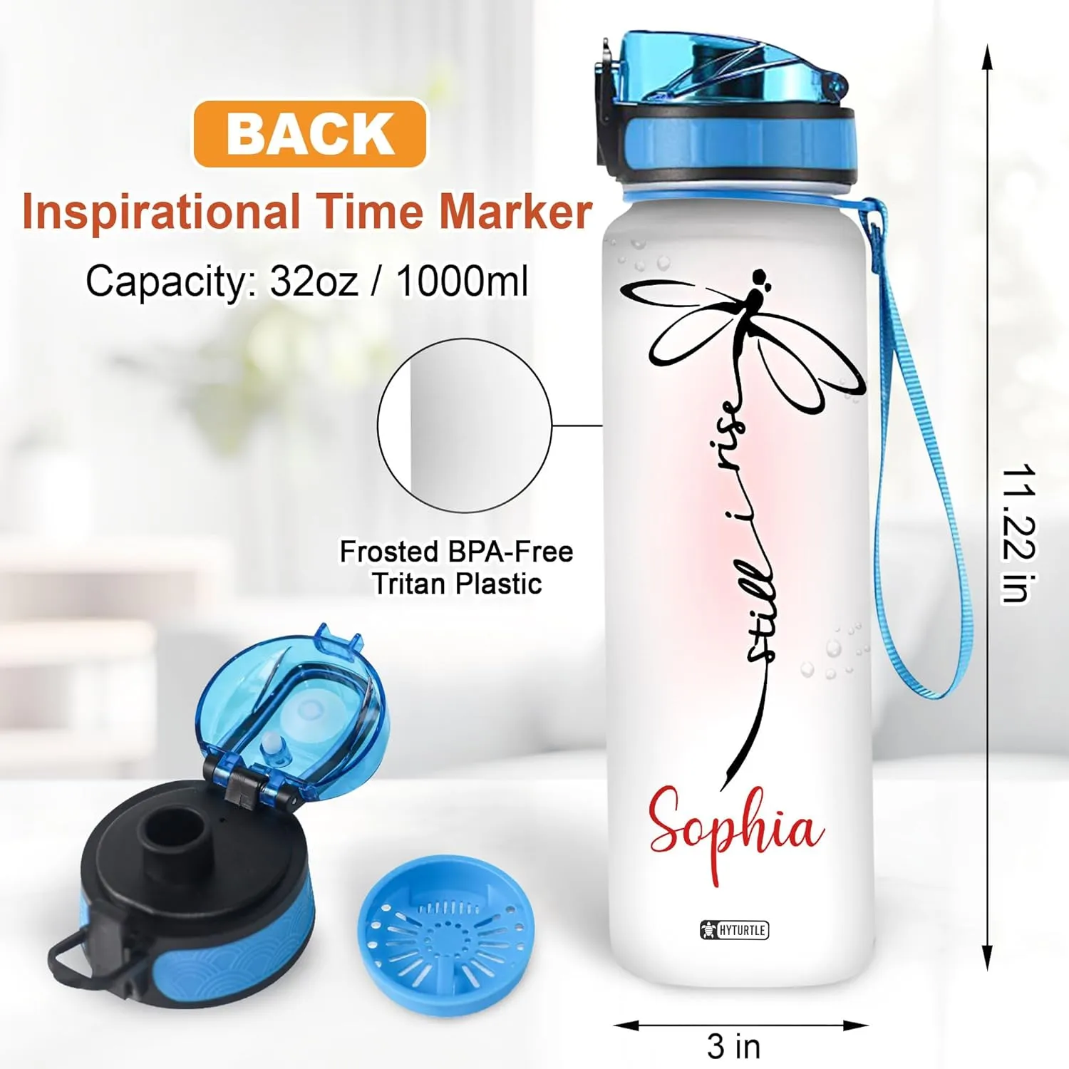Hyturtle Personalized Dragonfly Water Bottle - 32oz Motivational Water Bottle with Leak-Proof Lid, Time Marker - Custom Name Gift for Women, Girls, Dragonfly Lovers On Birthday Christmas