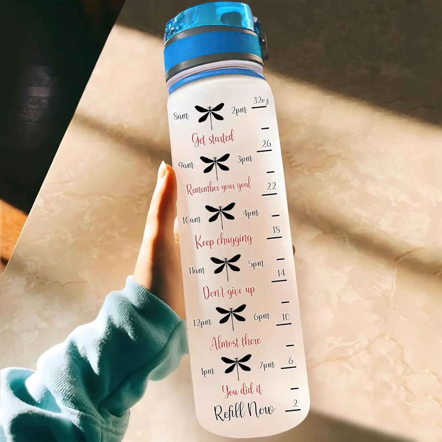 Hyturtle Personalized Dragonfly Water Bottle - 32oz Motivational Water Bottle with Leak-Proof Lid, Time Marker - Custom Name Gift for Women, Girls, Dragonfly Lovers On Birthday Christmas