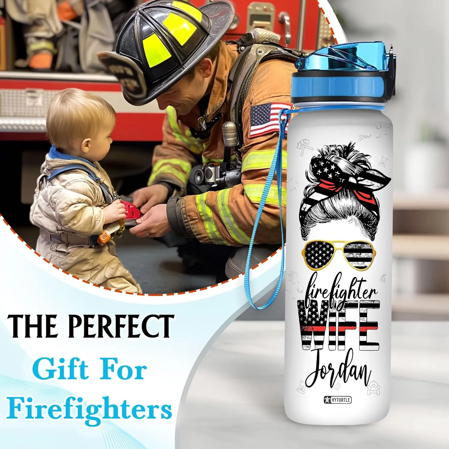 Hyturtle Personalized Firefighter Water Bottle - 32oz Motivational Travel Bottle with Leak-Proof Lid Time Marker - Custom Name Gift for Women Wife From Husband, Fireman - Birthday & Christmas Gift