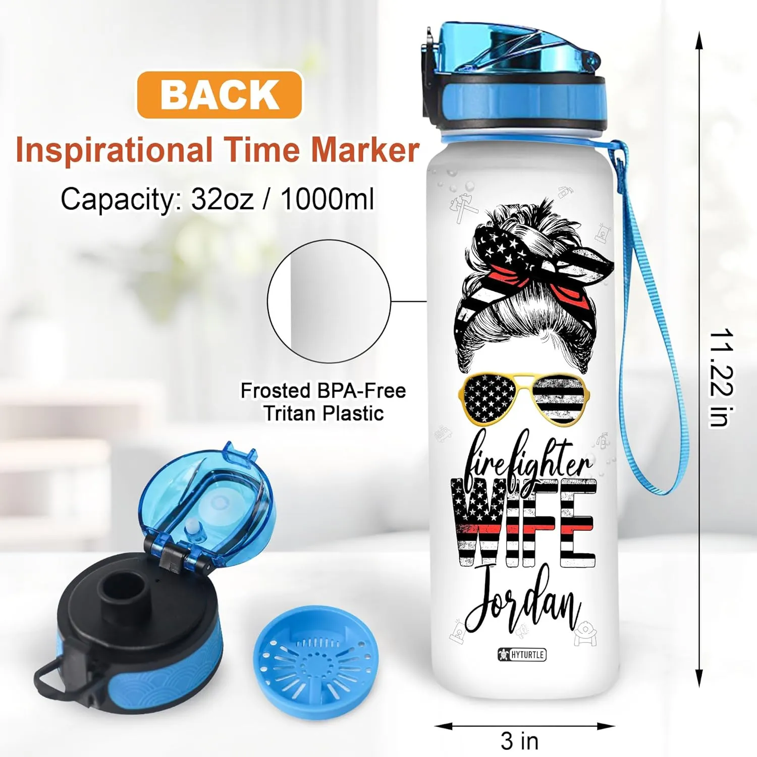 Hyturtle Personalized Firefighter Water Bottle - 32oz Motivational Travel Bottle with Leak-Proof Lid Time Marker - Custom Name Gift for Women Wife From Husband, Fireman - Birthday & Christmas Gift