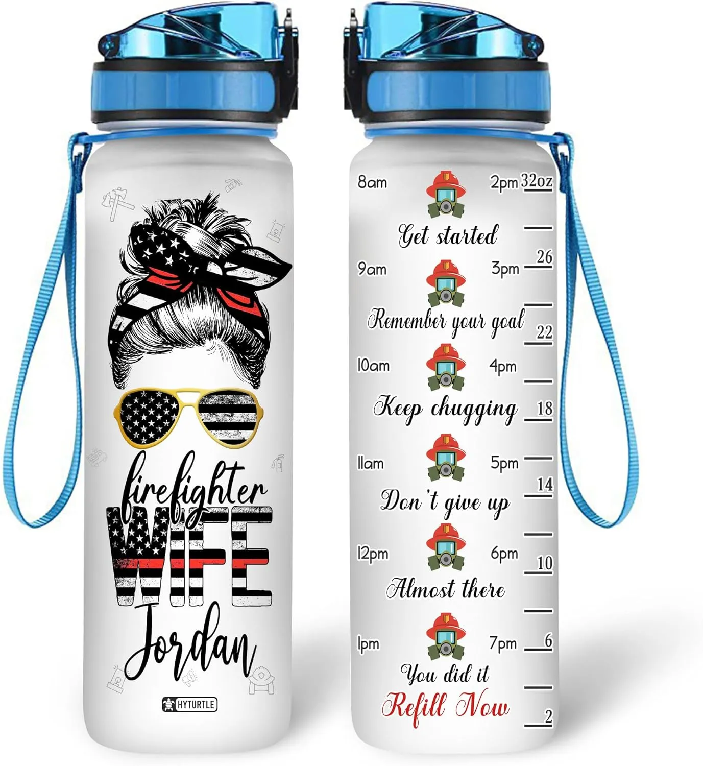 Hyturtle Personalized Firefighter Water Bottle - 32oz Motivational Travel Bottle with Leak-Proof Lid Time Marker - Custom Name Gift for Women Wife From Husband, Fireman - Birthday & Christmas Gift