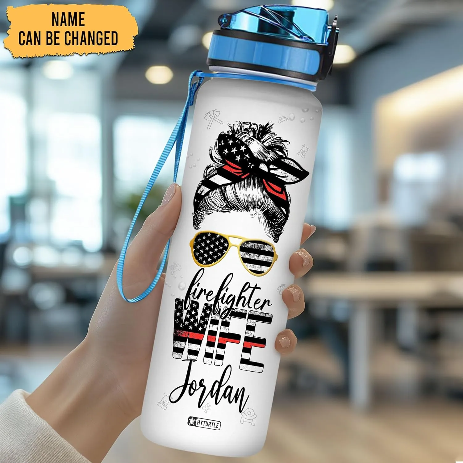 Hyturtle Personalized Firefighter Water Bottle - 32oz Motivational Travel Bottle with Leak-Proof Lid Time Marker - Custom Name Gift for Women Wife From Husband, Fireman - Birthday & Christmas Gift