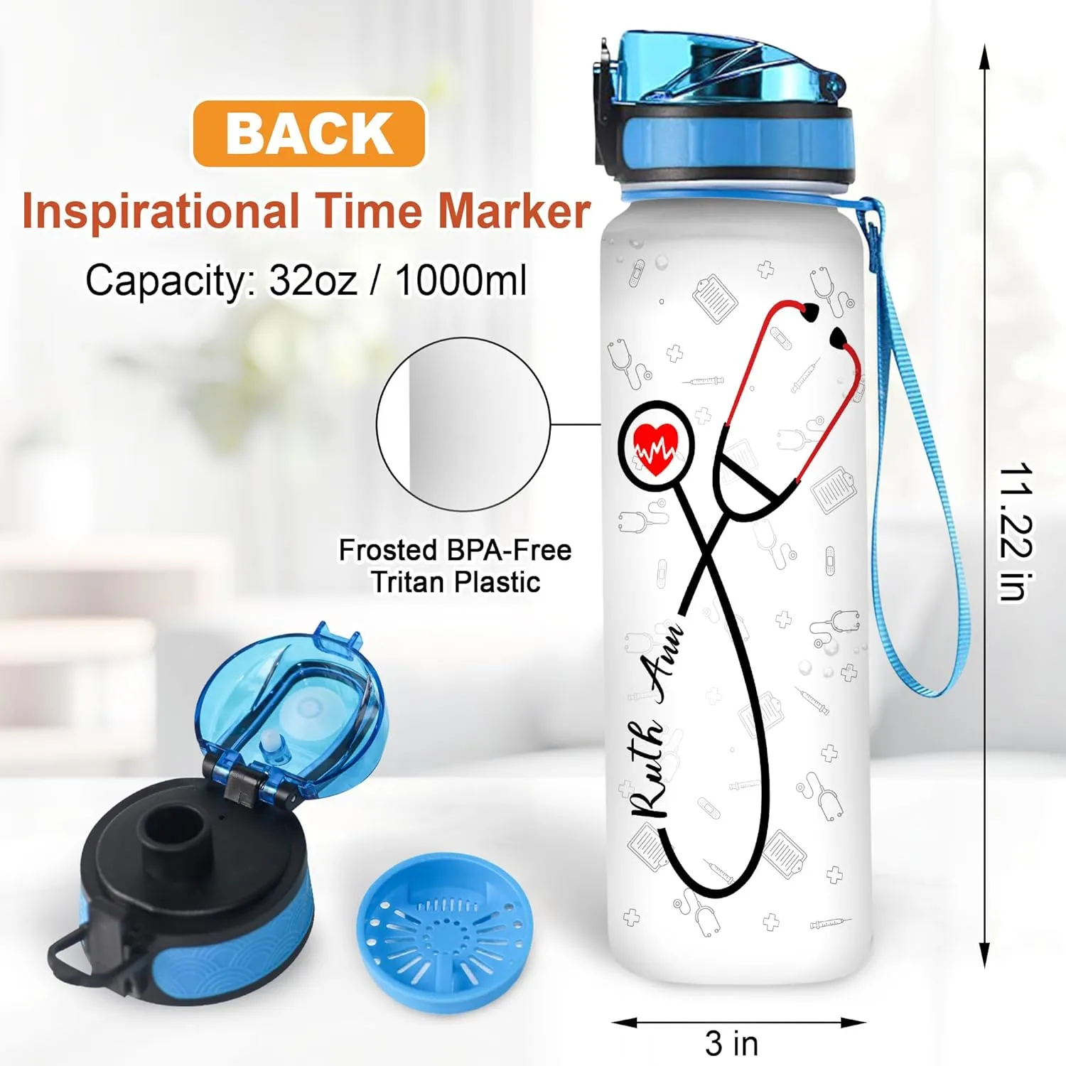 Hyturtle Personalized Nurse Water Bottle - 32oz Motivational Water Bottle with Leak-Proof Lid & Time Marker - Gift for Women, Nursing Students, Medical Assistants, Healthcare Workers On Birthday