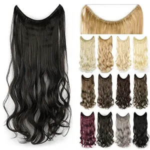 IMISSU 22'' 26'' Long Body Wavy Hair Extensions Fish Line Hairpiece Synthetic Invisible Secret Wire Headwear Flip Curly Hair Extension Pieces (26 Inch, Black Brown)