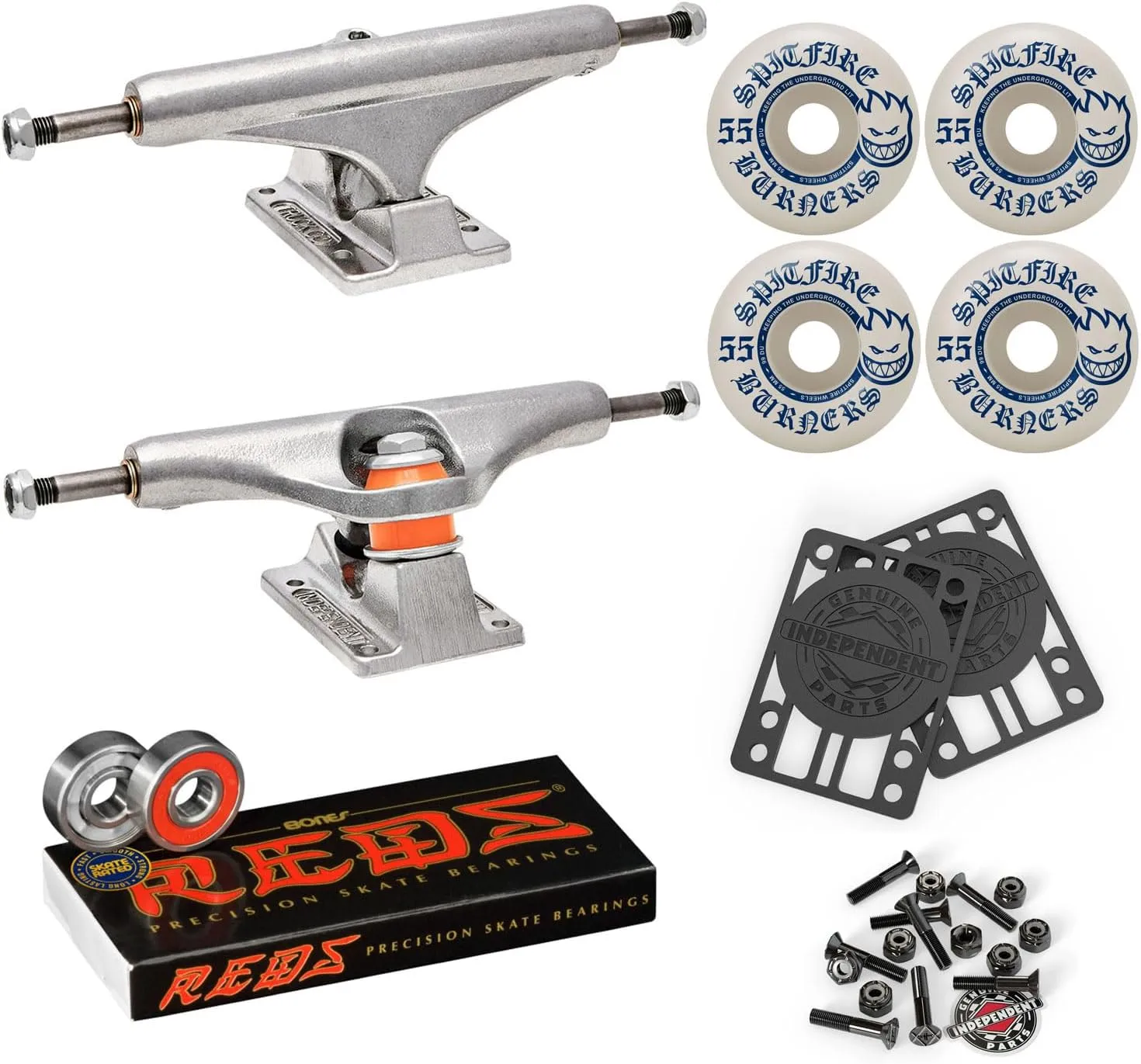 Independent Skateboard Trucks 139 Mid   55mm Spitfire Burners Wheels, Bones Bearings