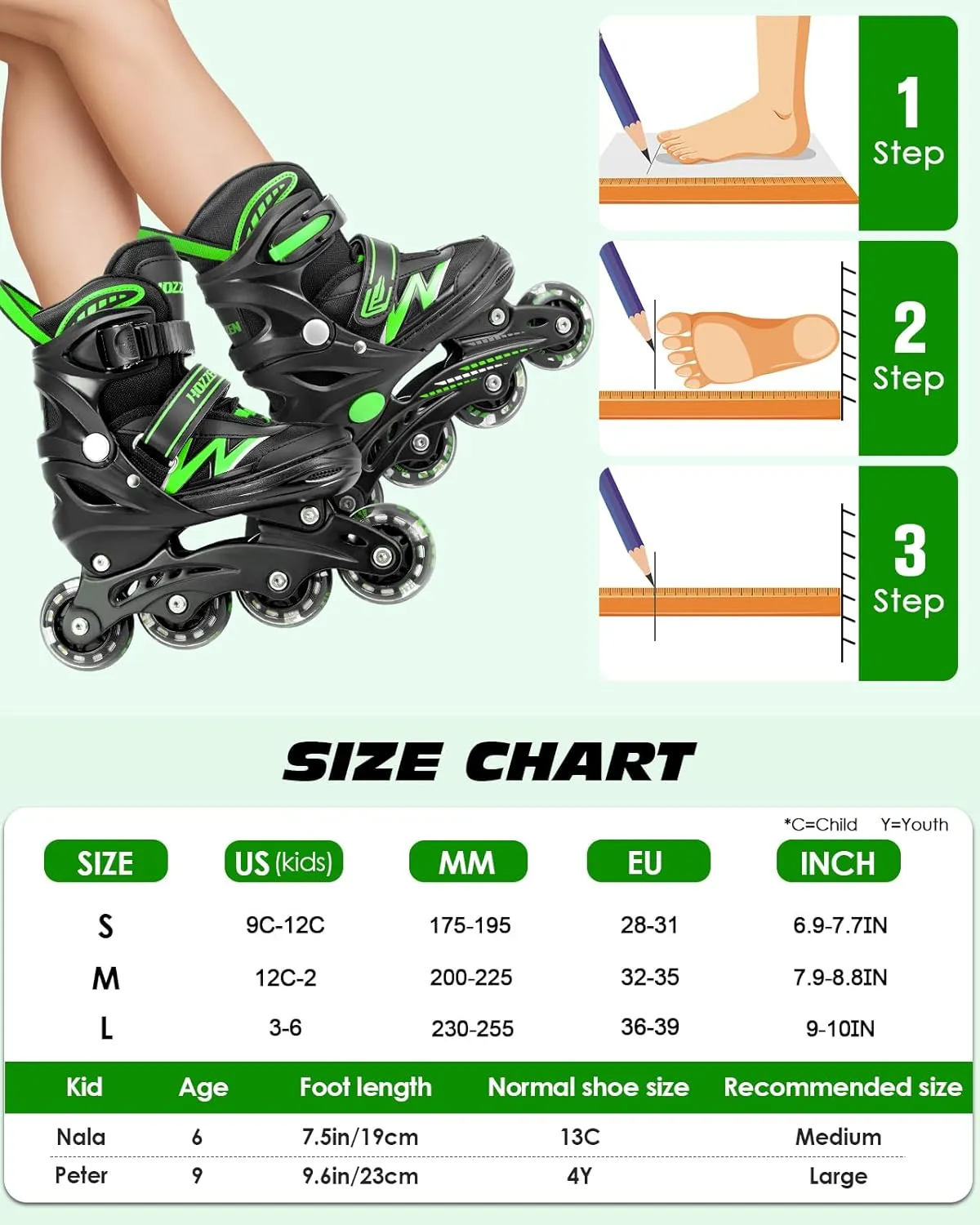 Inline Skates for Kids Girls Boys, Adjustable Light Up Inline Skates with Illuminating Wheels, Outdoor Roller Skates for Girls, Boys,Youth Age 5-13 (9C-6Y US)