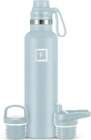 IRON °FLASK Camping & Hiking Hydration Canteens - 3 Lids (Narrow Spout Lid) Leak Proof Vacuum Insulated Stainless Steel - Hot & Cold Double Walled Sports Water Bottle - Morning Mist, 24 Oz