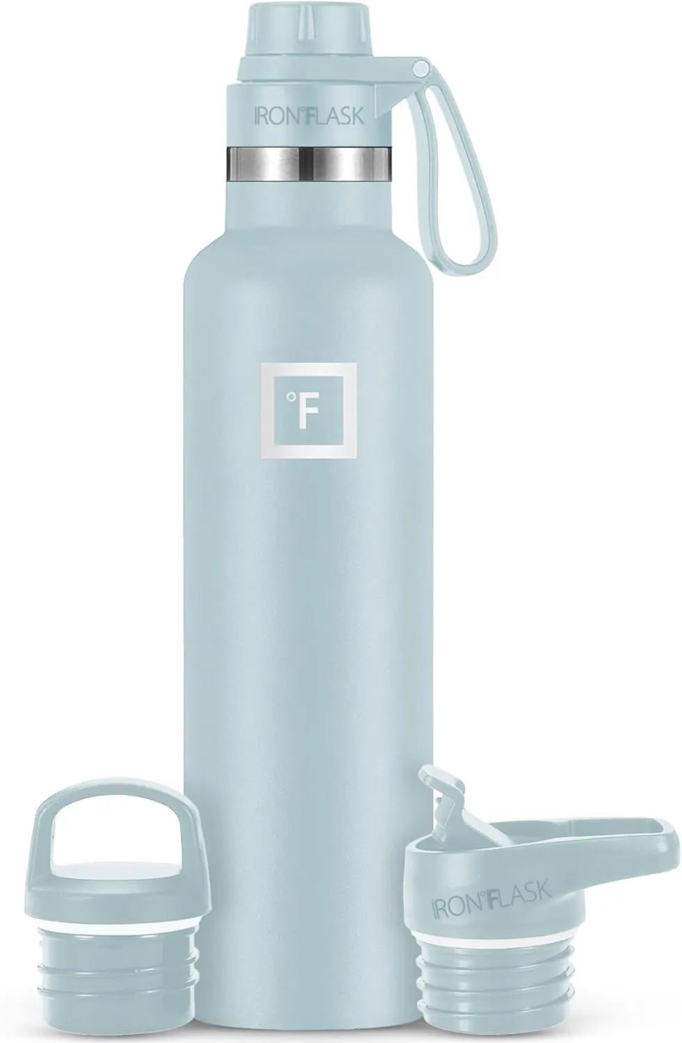 IRON °FLASK Camping & Hiking Hydration Canteens - 3 Lids (Narrow Spout Lid) Leak Proof Vacuum Insulated Stainless Steel - Hot & Cold Double Walled Sports Water Bottle - Morning Mist, 24 Oz