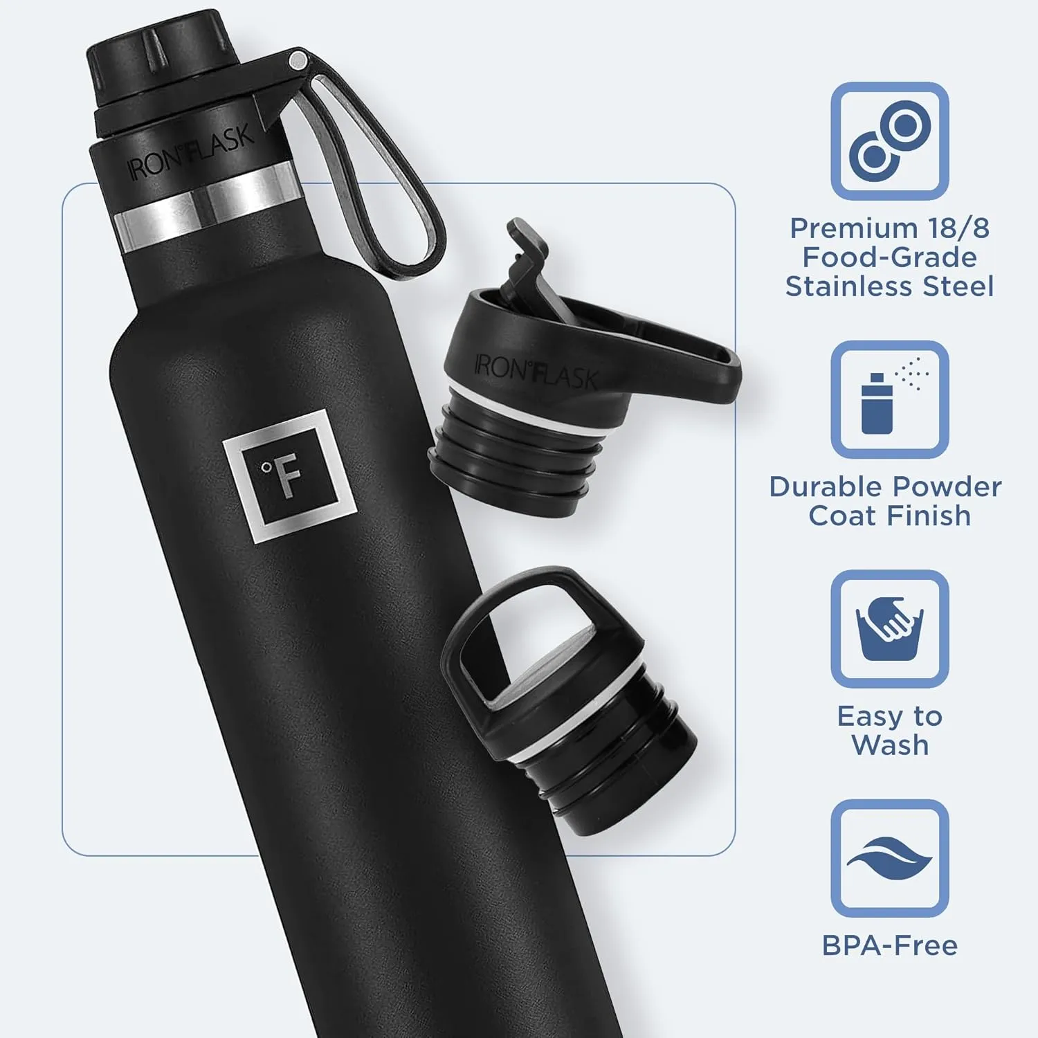 IRON °FLASK Camping & Hiking Hydration Canteens - 3 Lids (Narrow Spout Lid) Leak Proof Vacuum Insulated Stainless Steel - Hot & Cold Double Walled Sports Water Bottle - Morning Mist, 24 Oz