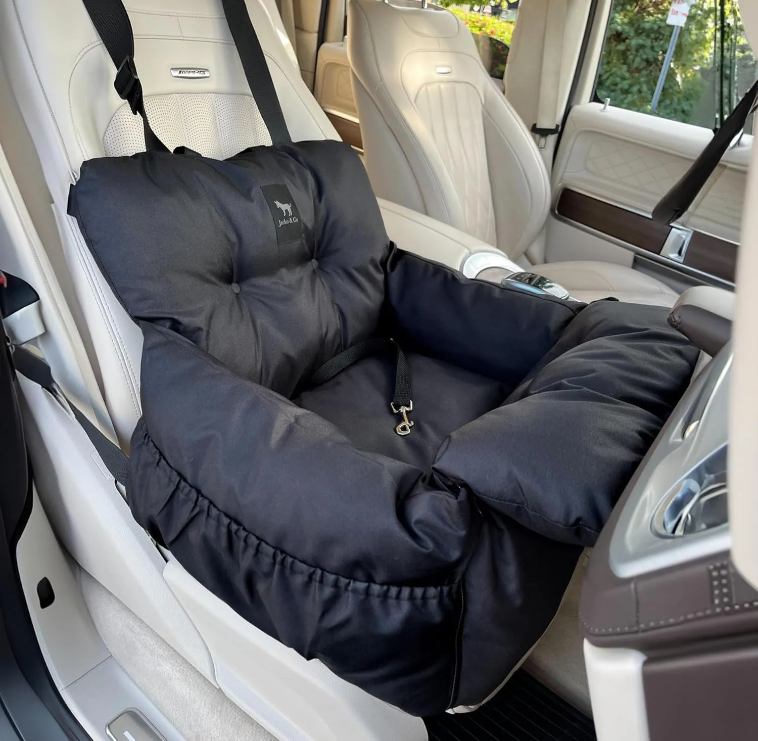JACKO & CO Premium Dog Car Seat & Booster Seat for Small & Medium Pets Under 30lbs, Puppies, Cats/Travel Carrier Bed & Bag, Clip-On Leash & Storage Pockets, Water Resistant (Black/Small (1-30lbs))