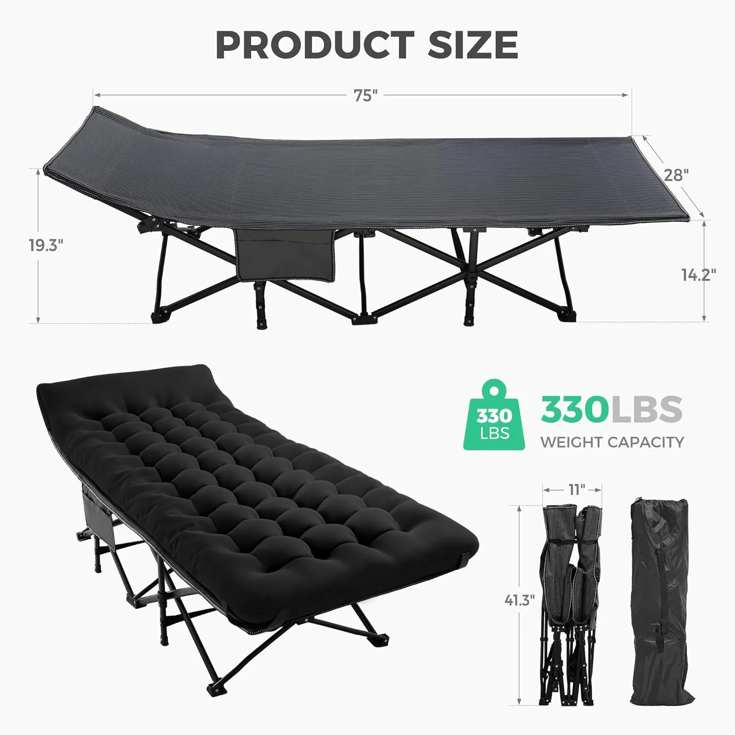 JEAREY Folding Camping Cot,Camping Cots for Adults with Mattress, Camping Portable Bed with Carry Bag for for Guest,Travel,Hiking,Black