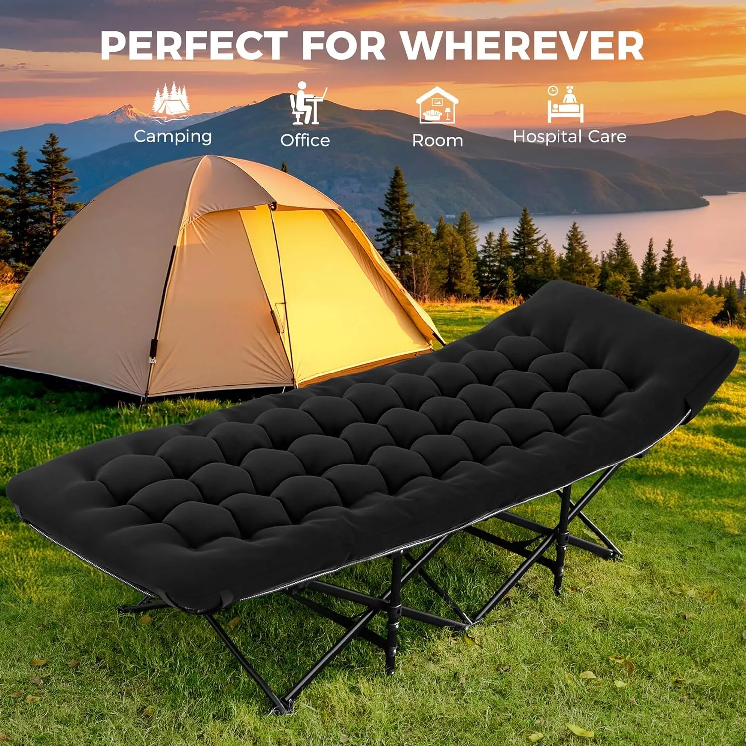 JEAREY Folding Camping Cot,Camping Cots for Adults with Mattress, Camping Portable Bed with Carry Bag for for Guest,Travel,Hiking,Black