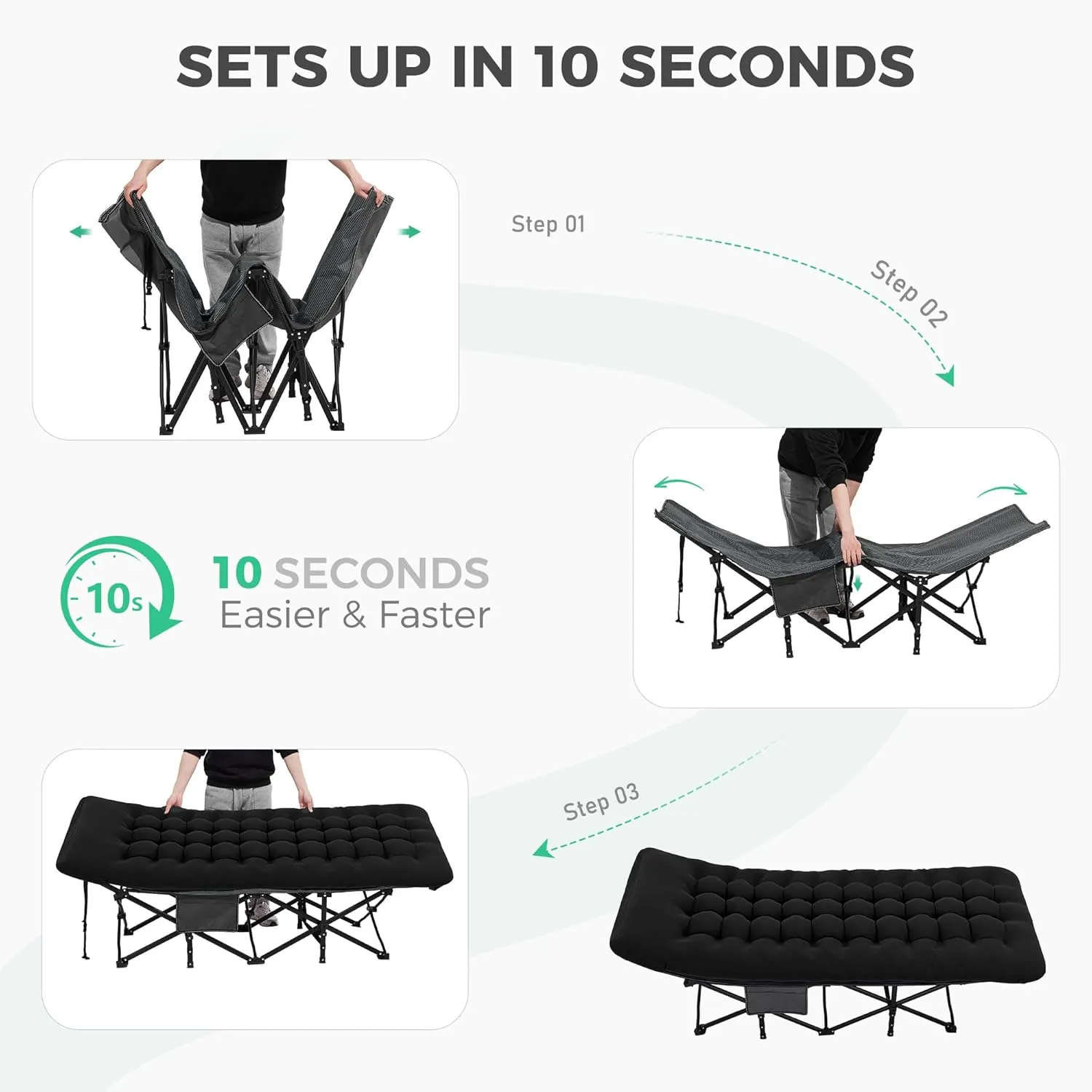JEAREY Folding Camping Cot,Camping Cots for Adults with Mattress, Camping Portable Bed with Carry Bag for for Guest,Travel,Hiking,Black