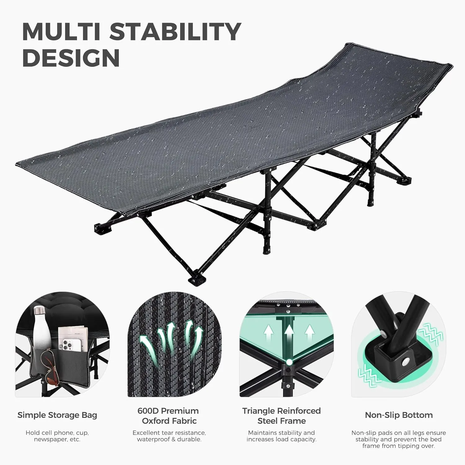 JEAREY Folding Camping Cot,Camping Cots for Adults with Mattress, Camping Portable Bed with Carry Bag for for Guest,Travel,Hiking,Black